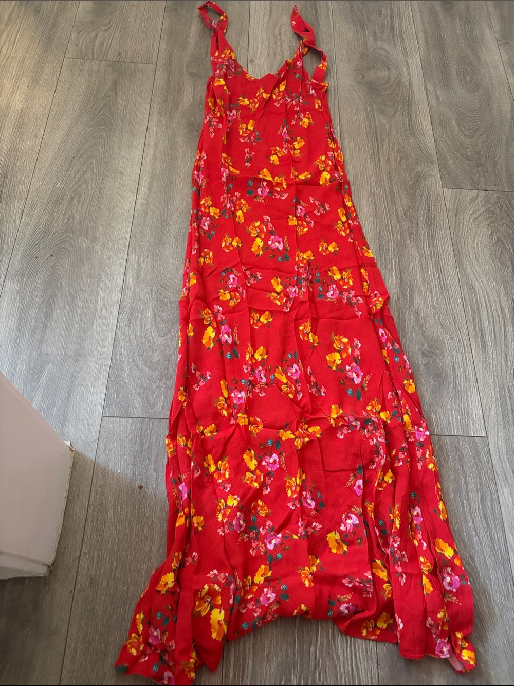Rumored Red Floral Midi Dress with Yellow & Pink Accents